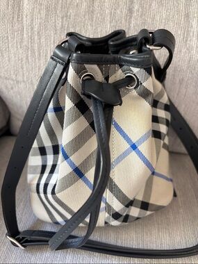 Burberry Beige Plaid Drawstring Crossbody with Black Trim and Blue Accents